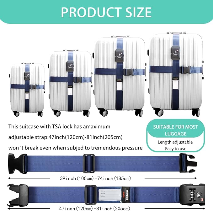 Cross Luggage Strap Belt for 20"-32" Suitcase with TSA Approved 3-Dial Combination Lock Wide Adjustable Packing Straps Travel Accessories, Blue