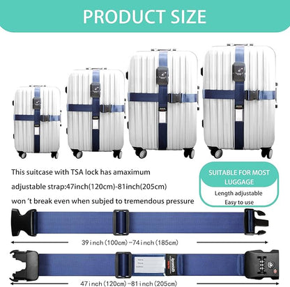 Cross Luggage Strap Belt for 20"-32" Suitcase with TSA Approved 3-Dial Combination Lock Wide Adjustable Packing Straps Travel Accessories, Blue