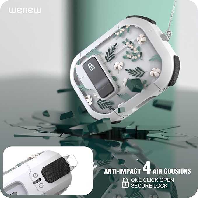 WENEW Case for AirPods Pro & Pro 2 Case Cover Secure Lock Automatic Snap Switch Clip Cleaner Kit Lanyard Women Stylish Leaf Full Body Hard Shell Front LED Visible (Green Leaves, AirPods Pro & Pro 2)