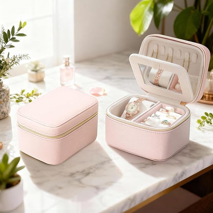 DesignSter Travel Jewelry Case,Small Jewelry Box with Mirror,Leather Material Travel Jewelry Case Organizer, Portable Jewelry Organizer with Zipper(Pink