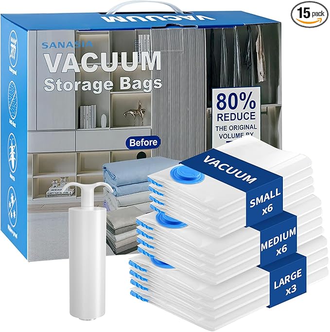 Vacuum Seal Bags for Clothing Travel with pump,15 Pack Compression Packing Cubes for clothes,Space Saver for Luggage & Travel Essentials,Carry-on Suitcase,Leak-Proof