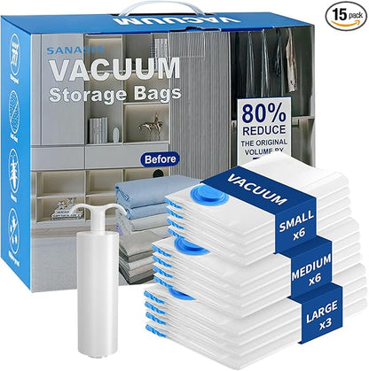 Vacuum Seal Bags for Clothing Travel with pump,15 Pack Compression Packing Cubes for clothes,Space Saver for Luggage & Travel Essentials,Carry-on Suitcase,Leak-Proof