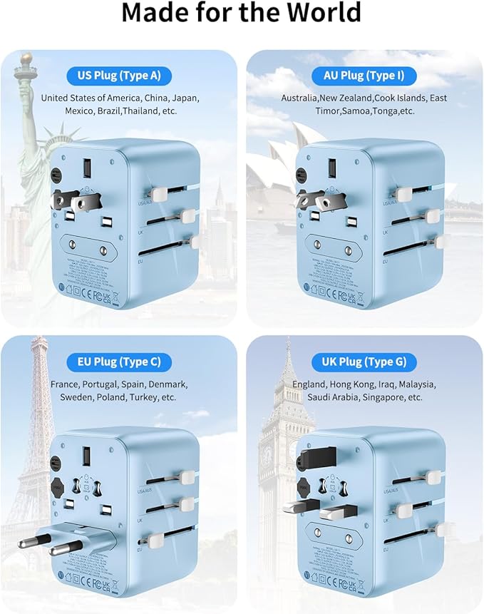 MOMAX Universal Travel Adapter, 20W+18W International Plug Adapter with 2 USB-A Quick Charging & 1 USB C PD Fast Charging, 1 AC, All-in-One Wall Charger for USA EU UK AUS JP(Type C/A/G/I)