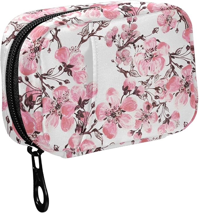 Fustylead Spring Pink Cherry Blooming Branch Pill Organizer Travel Portable Zipper Cloth Bag for Holding Weekly Supplements Vitamins and Fish Oils
