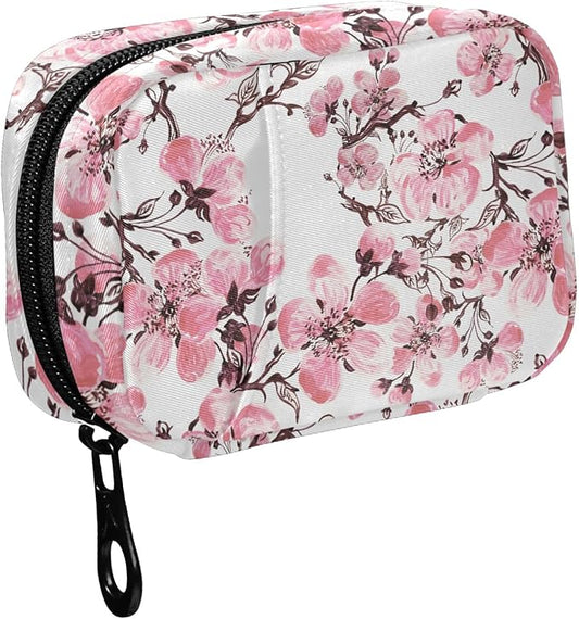 Fustylead Spring Pink Cherry Blooming Branch Pill Organizer Travel Portable Zipper Cloth Bag for Holding Weekly Supplements Vitamins and Fish Oils
