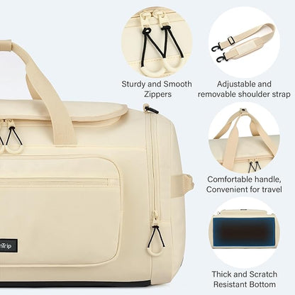 Large Travel Duffle Gym Bag with Shoe Compartment, Underseat Carry On Luggage Overnight Weekender Personal Item Workout Bags for Women Men (Offwhite)