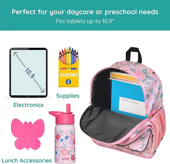Wildkin JumpOff Jo 12-inch Kids Backpack – Lightweight, Durable Toddler Bag - Floral Watercolor