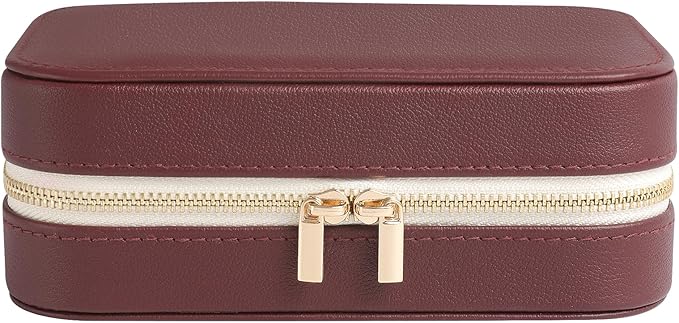 Genuine Leather Travel Jewelry Organizer Case with Mirror for Women, Small Mini Portable Jewelry Box for Ring Earrings Necklace Bracelet Luxury Gift for Women（Burgundy）