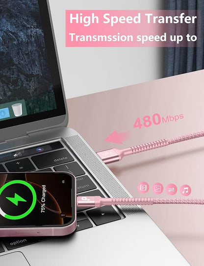 USB C Cable 10FT, 2Pack Long USB A to USB C Charger Cable, Type C Cable Fast Charging Upgraded Extra Durable Braided USBC Cord Compatible with iPhone 17 16 15 Pro Max/LG and More USB C Devices-Pink
