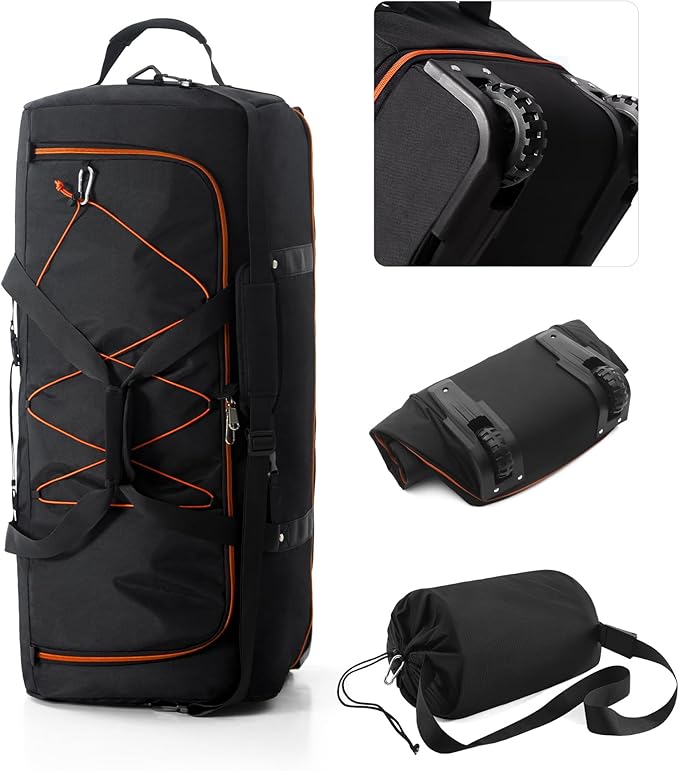 32" Soft-Sided Foldable Wheeled Travel Duffel Bag,Expandable 110L to 140L Rolling Cargo Bag with 2 Wheels and Multiple Pockets (001-Black Orange)