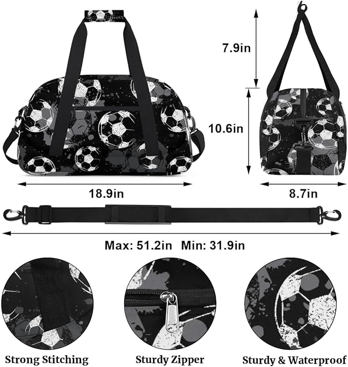 Black Football Kids Duffel Bag for Boys, Soccer Sports Gym Bag Overnight Travel Weekender Bag Lightweight Carry On Sleepovers Bag for School Practice Gymnastics