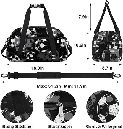 Black Football Kids Duffel Bag for Boys, Soccer Sports Gym Bag Overnight Travel Weekender Bag Lightweight Carry On Sleepovers Bag for School Practice Gymnastics