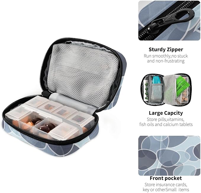 Pill Organizer Box Case Weekly Travel Pill Container Cute Pill Holder 7Day Vitamin Organizer Pill Dispenser Sorter Planner Storage Small Compact Blue Abstract Leaves14