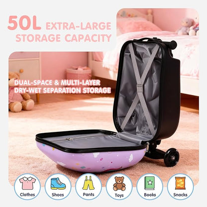 smilesun 4-in-1 Detachable Scooter Suitcase for Kids & Teenagers, Lightweight Hardside Ride-On Suitcase, Foldable Design, Perfect Travel Gift for Girls (Purple, 22-inch)