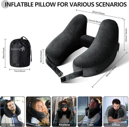 Sunany Neck Pillow for Travel Inflatable Airplane Pillow Comfortably Supports Head, Neck and Chin, Inflatable Travel Pillow with Soft Velour Cover and Portable Drawstring Bag (Black)