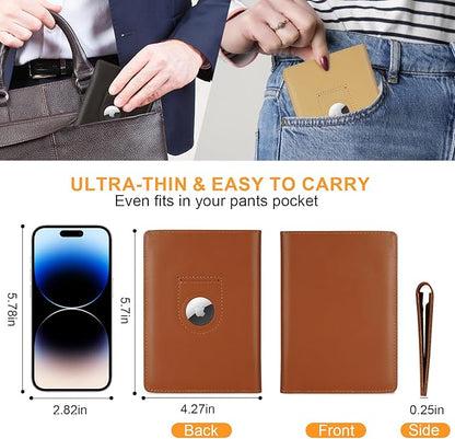 Full Grain Leather AirTag Passport Holder Wallet Cover for Men and Women Travel, Passport Holder with AirTag Slot Passport Wallet, Travel Essentials Genuine Leather Passport Cover Gifts (Brown)