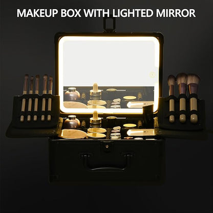 Makeup Case with Lighted Mirror, Makeup Box Organizer with Detachable LED Mirror, Travel Makeup Train Case, Waterproof Cosmetic Organizer, Standing Makeup Brush Holder, Gift, Black