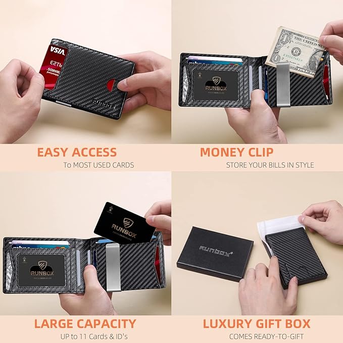 RUNBOX Slim Wallets for Men - Leather Money Clip Mens Wallet - RFID Blocking Front Pocket Bifold Wallet - Thin Credit Card Holder with Gift Box