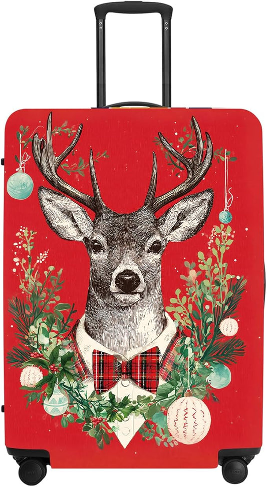 Reindeer Christmas Luggage Cover - Red Background with Wreath and Ornaments, Elegant Holiday Suitcase Protector for 28 30 Inch Travel