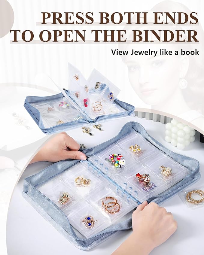 AOLEIXIYA Jewelry Organizer Book Clear Travel earring book organizer Transparent Jewelry Book with Zipper Pouch Bags (Light blue,With 80 PCS Small Jewelry Bags)