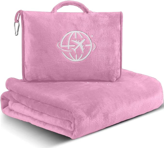 2-in-1 Travel Blanket and Pillow – Lightweight, Compact, Ultra Soft, Machine Washable – Handle, Luggage Sleeve, Backpack Clip – for Trave Airplane, Car, Office (Light Pink)