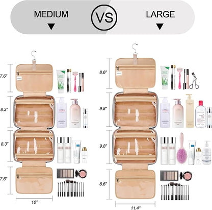 Travel Hanging Toiletry Bag for Women, Large Makeup Bag 8 Leak Proofing Silicone Bottle Covers, Waterproof Cosmetic Bag with Jewelry Organizer Compartment, Toiletries Kit Set, Grey