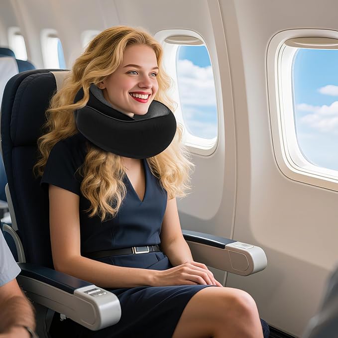 Travel Pillow for Airplane, Neck Pillow 100% Memory Foam with Comfortable Support for Long Flights, Cars, Trains Office & Home with Storage Box(Black)