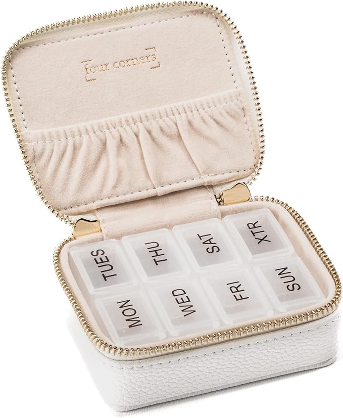 Weekly Travel Pill Organizer - Vegan Leather Pill Case with Removable 7 Day Pill Box, Travel Medicine Organizer for Medicine, Vitamin, Supplement (White)