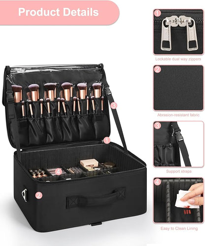 Relavel Extra Large Makeup Case Professional Cosmetic Storage Organizer Box Brush Holder with 4 Clear Set Bags & Lipstick Plate for Makeup Artists with Shoulder Strap & Adjustable Dividers