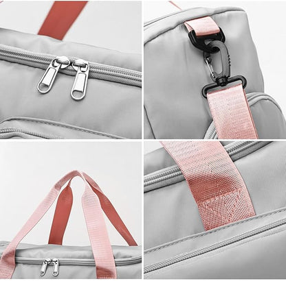 Travel Duffel Bag with Shoes Compartment Sports Gym Bag with Dry Wet Separated Pocket for Men and Women, Overnight Bag Weekender Bag Training Handbag Yoga Bag - Gray Pink