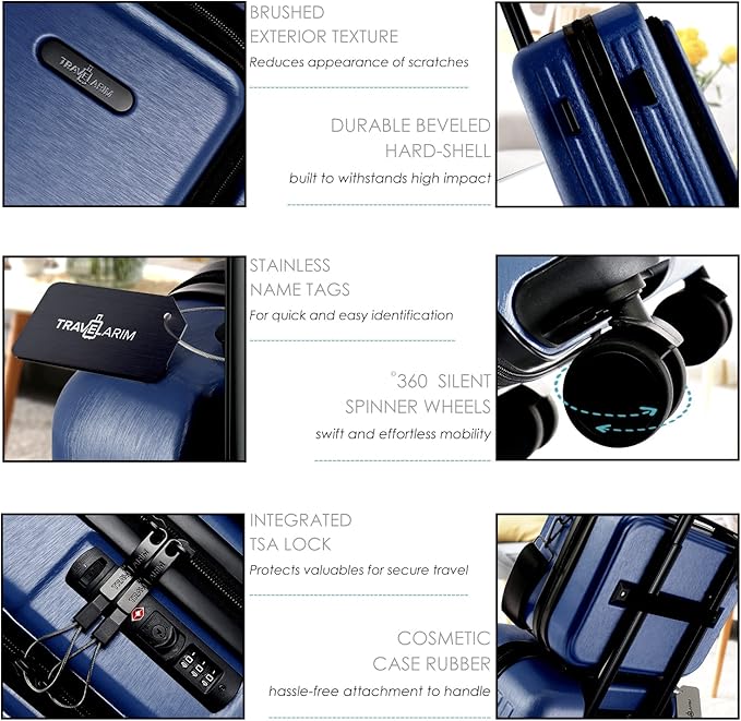 20 Inch Carry On Luggage 22x14x9 Airline Approved, Carry On Suitcase with Wheels, Hard-shell Carry-on Luggage, Durable Luggage Carry-On, Navy Small Suitcase with Cosmetic Case