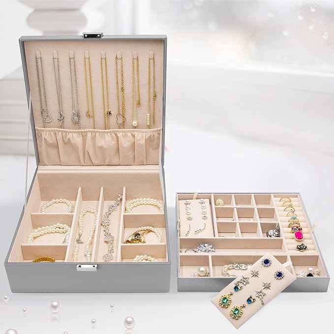 ProCase Jewelry Box for Women, 2 Layers Large Leather Jewelry Organizer Storage Case with Removable Pad for Earrings -Grey