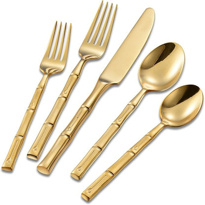 Flatware Set Gold Silverware Set Stainless Steel Bamboo Handle Cutlery Set Mirror Polished 40 Pieces for Home Kitchen Restaurant Hotel Wedding Housewarming Gift Service for 8