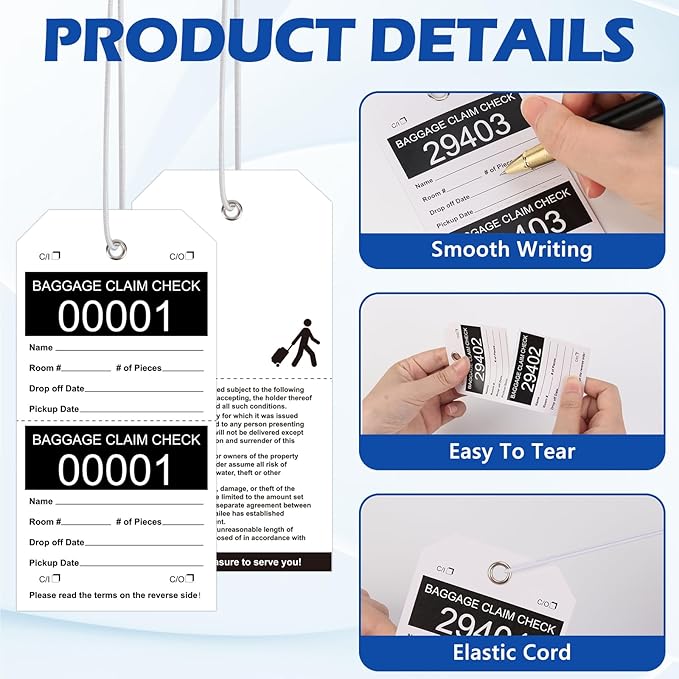 200 Pcs Baggage Claim Tag Hotel Luggage Tag Bulk with White String Paper Baggage Claim Check Tags Perforated Claim Ticket Black Luggage Id Tickets Serial Numbering for Hotel Motel Bag Storage