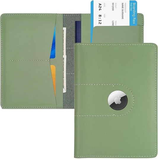 Genuine Leather Passport Holder for Travel Passport Covers with AirTag Slot Passport Wallets for Men Women Family Travel Christmas Gifts, Mens Womens Passport Holder, Green