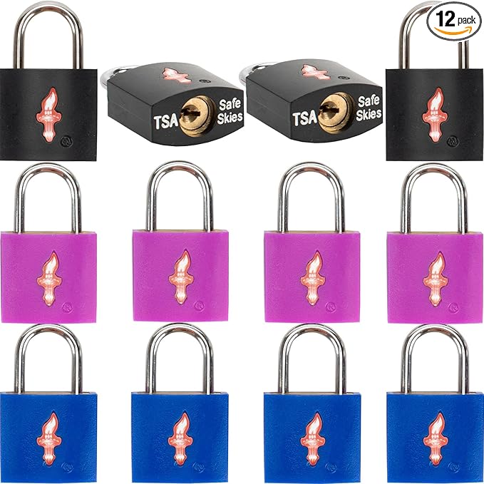 12 Pack TSA Lock for Luggage, TSA Suitcase Lock for Luggage, Suitcases & Gun Cases - Solid Brass Security Lock with Colored Shell (12 Colors: Black/Blue/Orange)