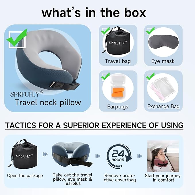 SPRFUFLY Super Soft Travel Pillow, 100% Memory Airplane Pillow with Sleep Mask and Ear Plugs, Breathable Removable Cover & Ergonomic Design - Essentials Neck Pillow for Airplane, Office & Home Use