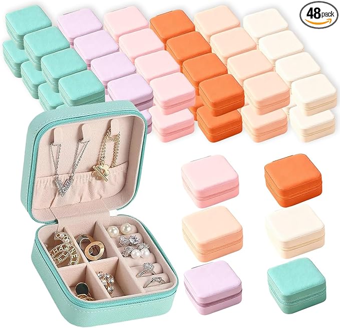 48 Pcs Mini Jewelry Travel Case Multi-Color Wedding Mini Jewelry Box Gorgeous Travel Jewelry Box for Wedding Bridesmaid Invitation Return Gifts, Rings and Earrings