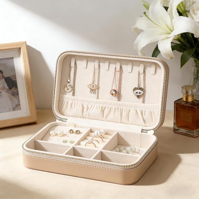 Leather Jewelry Box Elegant Small Jewelry Case for Women Gift Box for Necklace, Ring, Earring Storage Portable Design for Travel & Home Use Apricot