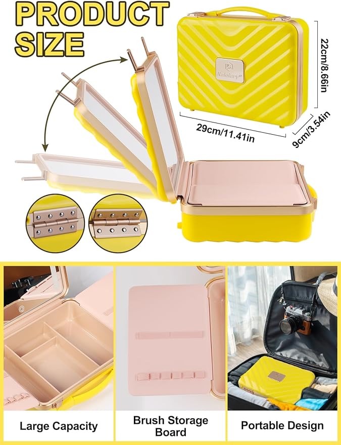 Kalolary Travel Makeup Train Cases with Lighted Mirror 3 Color Setting, Makeup Bag Cosmetic Case Organizer Adjustable Brightness Portable Makeup Storage Box with Detachable 5X Magnifying Mirror Yellow