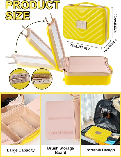 Kalolary Travel Makeup Train Cases with Lighted Mirror 3 Color Setting, Makeup Bag Cosmetic Case Organizer Adjustable Brightness Portable Makeup Storage Box with Detachable 5X Magnifying Mirror Yellow