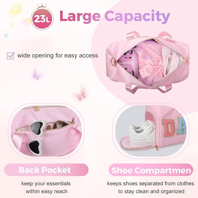 Dance Bag for Girls, KUIRAN Travel Duffel Bag with Shoe Compartment Lightweight Gym Sport Ballet Weekender Bag - Pink/Shoe Compartment