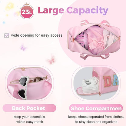 Dance Bag for Girls, KUIRAN Travel Duffel Bag with Shoe Compartment Lightweight Gym Sport Ballet Weekender Bag - Pink/Shoe Compartment