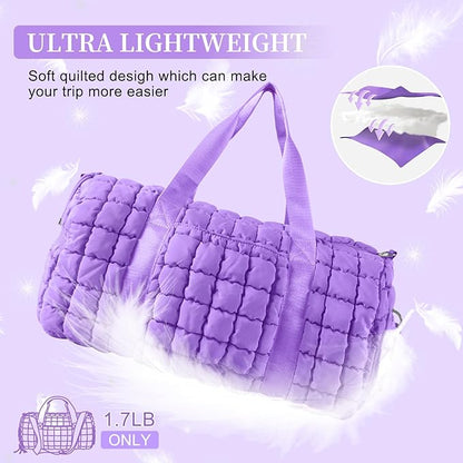 Quilted Travel Duffle Bag Gym Bag for Women,Large Puffer Duffle Weekender Bag with Compartment,Workout Overnight Carry on Organizer Bag Duffle Bag for Airplane Travel(L-Purple)