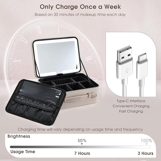 Leather Makeup Case with LED Lighted Mirror 11.4 Inch Travel Makeup Bag Adjustable Brightness in 3 Colors Cosmetic Organizer Artist Storage Bag with Dividers Brush Holder Bag Vanity Pale Gold