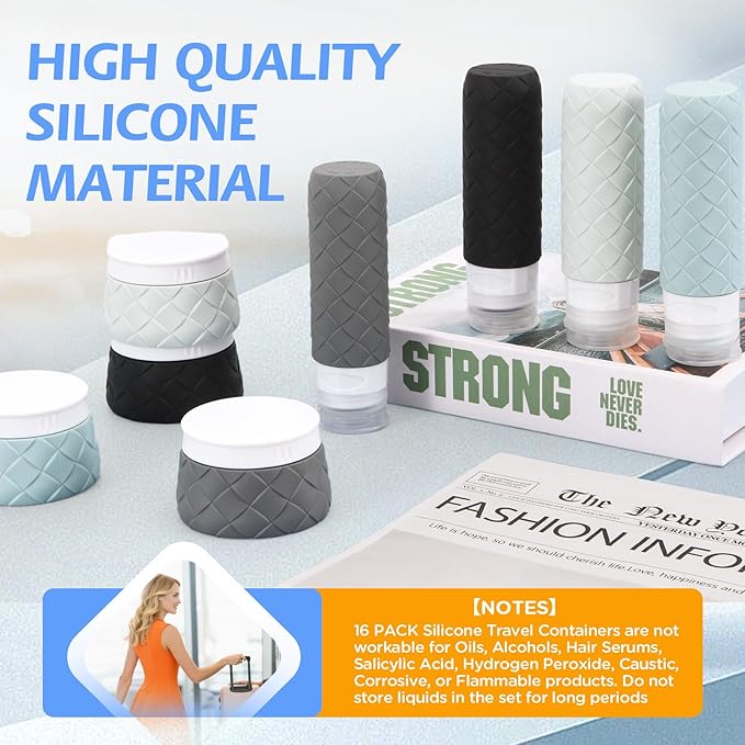 16 Pack Travel Bottles for Toiletries, TSA Approved Travel Size Toiletries Containers Set, BPA-Free Silicone Leak Proof Refillable Bottles Stackable Creams Jars Accessories Kit W/Clear Bag(Gray)