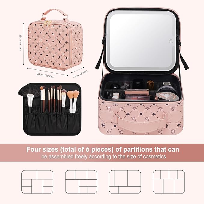 Travel Makeup Bag With 360° rotating LED Mirror,Waterproof cosmetic organizer,Portability Cosmetic case,Makeup organizer,Gift for Women,Girls Gift (Pink)