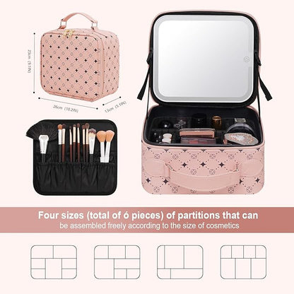 Travel Makeup Bag With 360° rotating LED Mirror,Waterproof cosmetic organizer,Portability Cosmetic case,Makeup organizer,Gift for Women,Girls Gift (Pink)