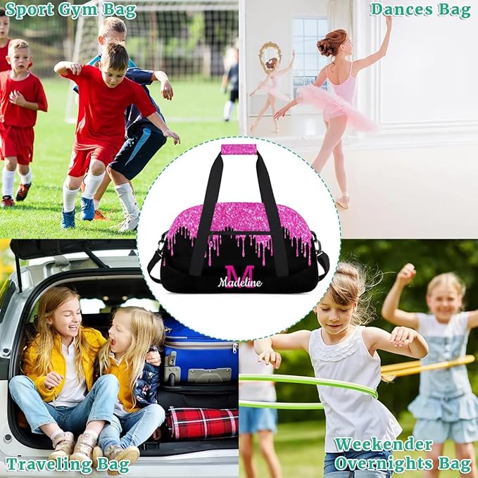 Personalized Kids Sports Duffel Bag with Name Custom Weekender Overnight Bag for Boys Girls Gym Bag Travel Dance Gymnastics Duffel Bag, HotPink Glitter
