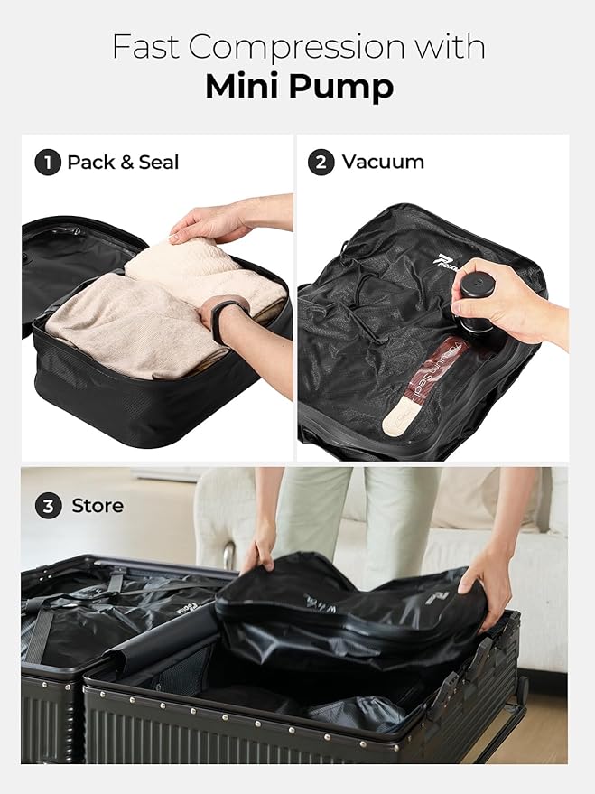 Vacuum Bags for Travel with Wireless Pump, 180° Open Zipper, IP67 Waterproof, Reusable Space Saver Compression Bags for Backpack, Suitcase, Home Storage(1 Pack + Pump)